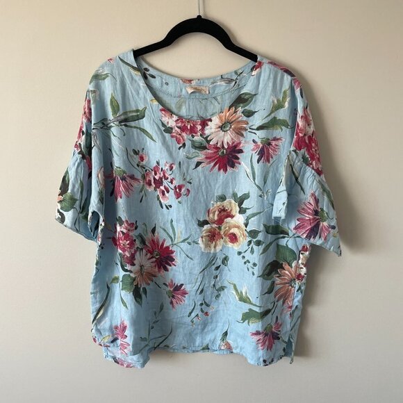 BELLAMBRA Floral Blouse Linen Short Sleeve Round Neck Pullover Blue Red Small - Picture 9 of 9